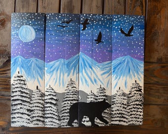 Bear Painting on Recycled Pallet Wood, Starry  Night Sky and Moon with Ravens