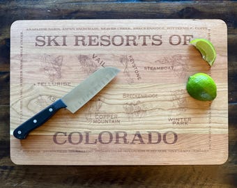 Ski Resorts of Colorado Large Cutting Board and Charcuterie Serving Board: Original Design Dual Purpose Housewarming Gift