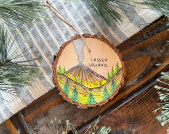 Lassen Volcanic National Park Wood Slice Ornament, Hand-Drawn