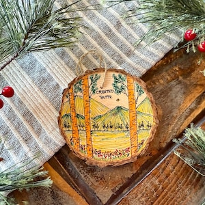 Crested Butte Hand Drawn Wood Slice Christmas Ornament: Colorado Wildflower Pine Wood Slice