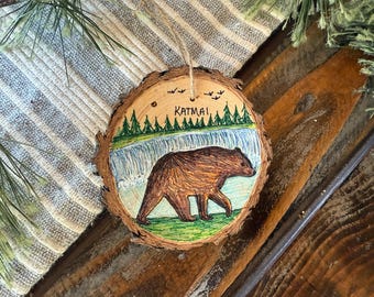 Katmai National Park Wood Slice Christmas Ornament, Hand-Drawn, Fat Bear Week Souvenir from Katmai Preserve Alaska