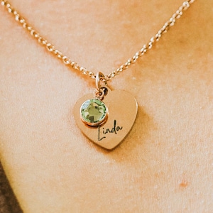 Personalized Heart Name Necklace with Engraved Name and Birthstone – Minimalist Gemstone Necklace for Kids & Girls – Custom Birthday Gift
