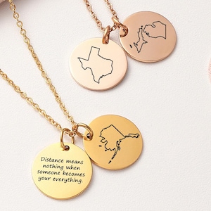 Long Distance State Necklace, Custom Map or Engraved Necklace, Couples Jewelry, Friendship or Going Away Gift, Personalized Necklace for Her