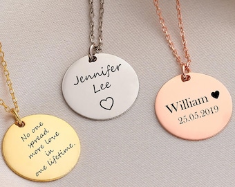 Engraved Disc Necklace, Personalized Custom Message Necklace, Coordinates Jewelry Gift for Her Birthday Gift, Summer Necklace, Wedding Gifts