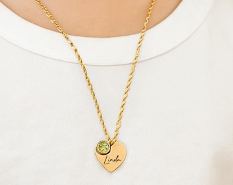 Personalized Name Necklace With Birthstone, Heart Pendant Custom