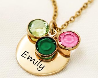 Name Necklaces For Women with Multiple Birthstone Jewelry Gold Name Necklace, Gifts For Her, Wife, Birthday & Christmas Gifts for Girls