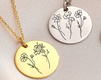 Birth Flower Necklace for Mom – Personalized Family Flower Necklace with Kids Birth Flowers – Custom Birthday Gift or Wedding Gifts for Her