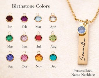 Birthstone Name Necklace, Personalized Name Jewelry with Gemstone, Custom Dainty Necklace, Birthday or Christmas Gifts for Her, Wife, Mom
