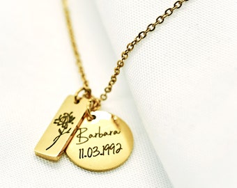 Name Necklace with Birth Flower Personalized Birth Flower Birth Month Flower Necklace Trending now Popular right now Engraved Jewelry