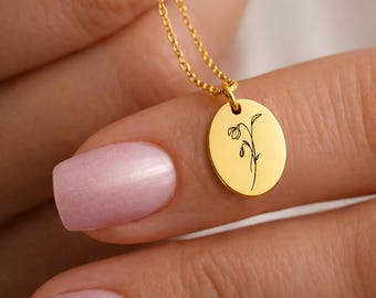 Oval Birth Flower Necklace Personalized Minimalist Birth Month Flower Necklace – Custom Floral Jewelry Wild Flowers Dainty Botanical Jewelry