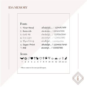 Customization options for jewelry engraving, featuring seven elegant fonts and fifteen unique icons. Customers can personalize their jewelry with selected fonts and meaningful symbols. Special requests are welcome for a truly unique and sentimental design.