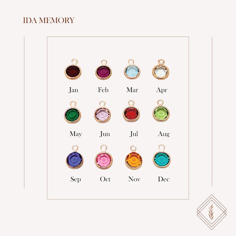 Birthstone chart featuring twelve gemstone charms, each representing a birth month. Ideal for personalized jewelry, including necklaces and bracelets. A meaningful addition to custom gifts, symbolizing loved ones and special moments