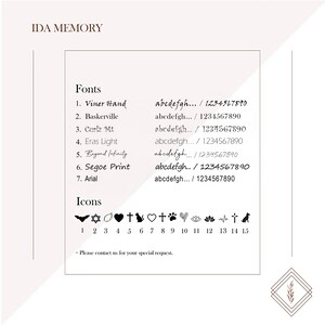 This image showcases font and icon options for personalization by IDA MEMORY. It includes seven font styles, such as Viner Hand, Segoe Print, and Arial, along with 15 icon choices, including hearts, crosses, paw prints, and floral designs.