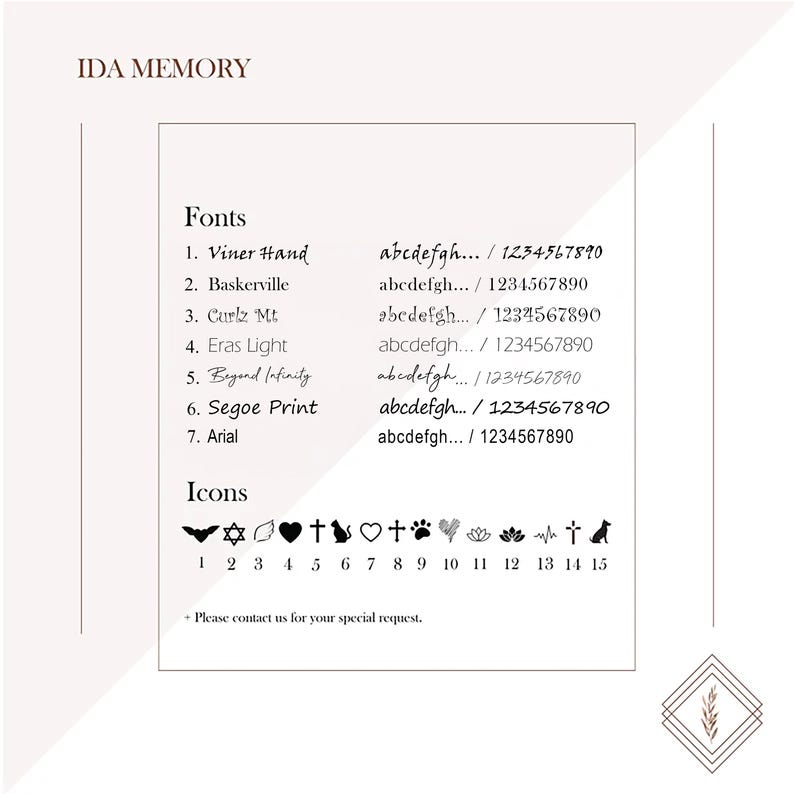 This image showcases font and icon options for personalization by IDA MEMORY. It includes seven font styles, such as Viner Hand, Segoe Print, and Arial, along with 15 icon choices, including hearts, crosses, paw prints, and floral designs.