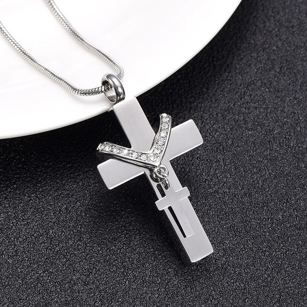 Custom Cross Cremation Jewelry for Ashes • Urn Necklace for Men • Personalized Ashes Necklace • With Free Funnel Kit and Bag