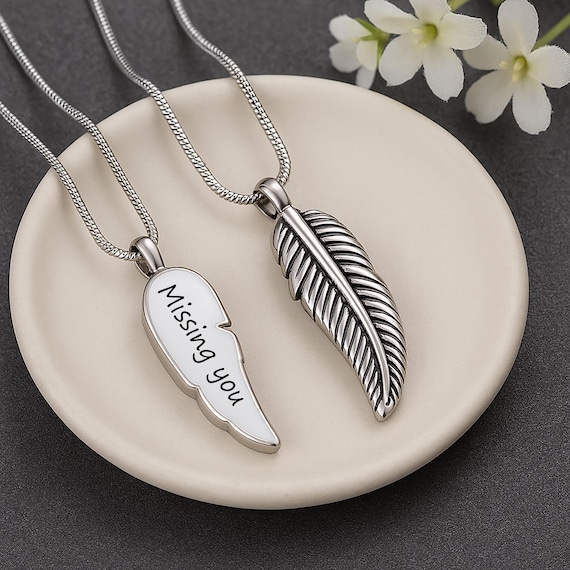 Feather Cremation Jewelry Urn Necklace For Men and Women Ashes Necklace Urns For Human Ashes Custom Pet or Dog Urn - Funnel Kit and Bag