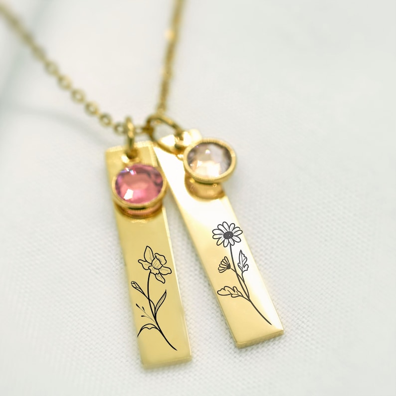 Gold birth flower necklace with engraved floral designs and personalized birthstone charms. A meaningful and elegant jewelry piece representing birth months and loved ones. Perfect sentimental gift for mothers, grandmothers, or special occasions like birthdays and anniversaries.