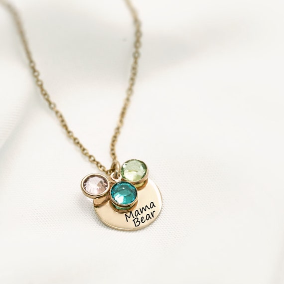 Personalized Mama Bear Necklace With Kids Birth Month Birthstones