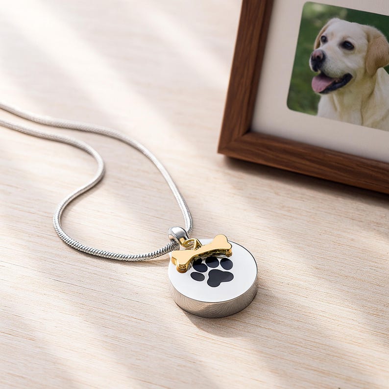 May include: A silver necklace with a round, white pendant featuring a black paw print and a gold-colored bone charm. A framed photo of a dog is in the background. The pendant is a memorial item.