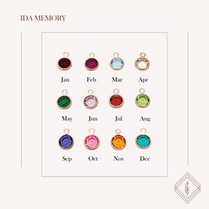 Birthstone chart featuring twelve gemstone charms, each representing a birth month. Ideal for personalized jewelry, including necklaces and bracelets. A meaningful addition to custom gifts, symbolizing loved ones and special moments