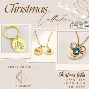 Christmas gift collection featuring personalized jewelry and accessories. Includes custom engraved keychains, fingerprint necklaces, and birthstone pendants for Gigi, Mom, or Dad. Thoughtful holiday gifts for him, her, and family, perfect for meaningful celebrations