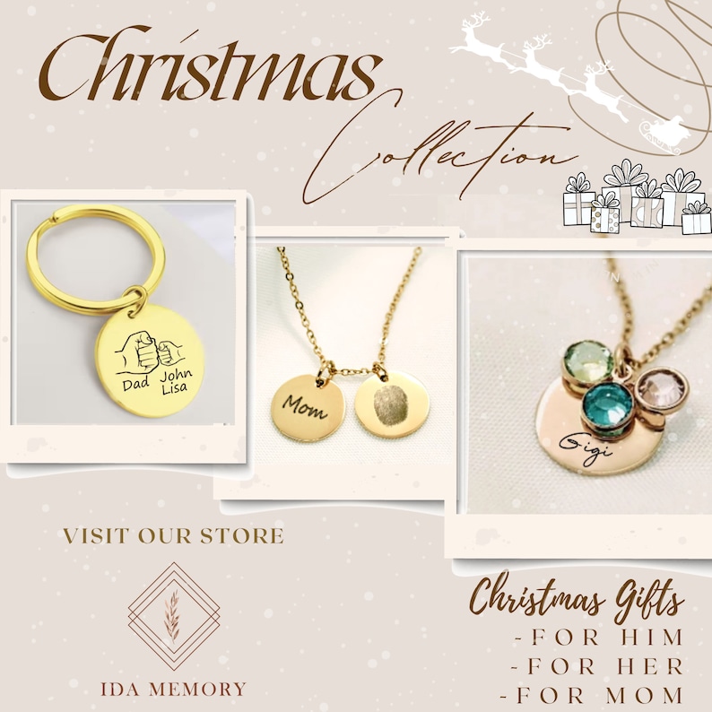 Christmas gift collection featuring personalized jewelry and accessories. Includes custom engraved keychains, fingerprint necklaces, and birthstone pendants for Gigi, Mom, or Dad. Thoughtful holiday gifts for him, her, and family, perfect for meaningful celebrations
