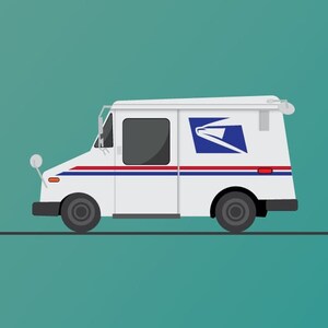 May include: A white mail truck with a blue and red stripe and the United States Postal Service logo on the side.