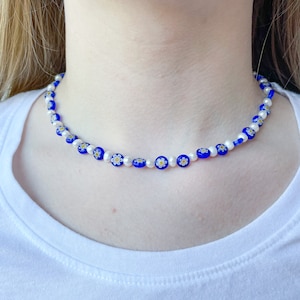 Freshwater Pearl and Glass Millefiori Bead Necklace, Pearl Necklace, Glass Millefiori Beads, Greece Inspired Jewelry, Necklace, Glass Beads