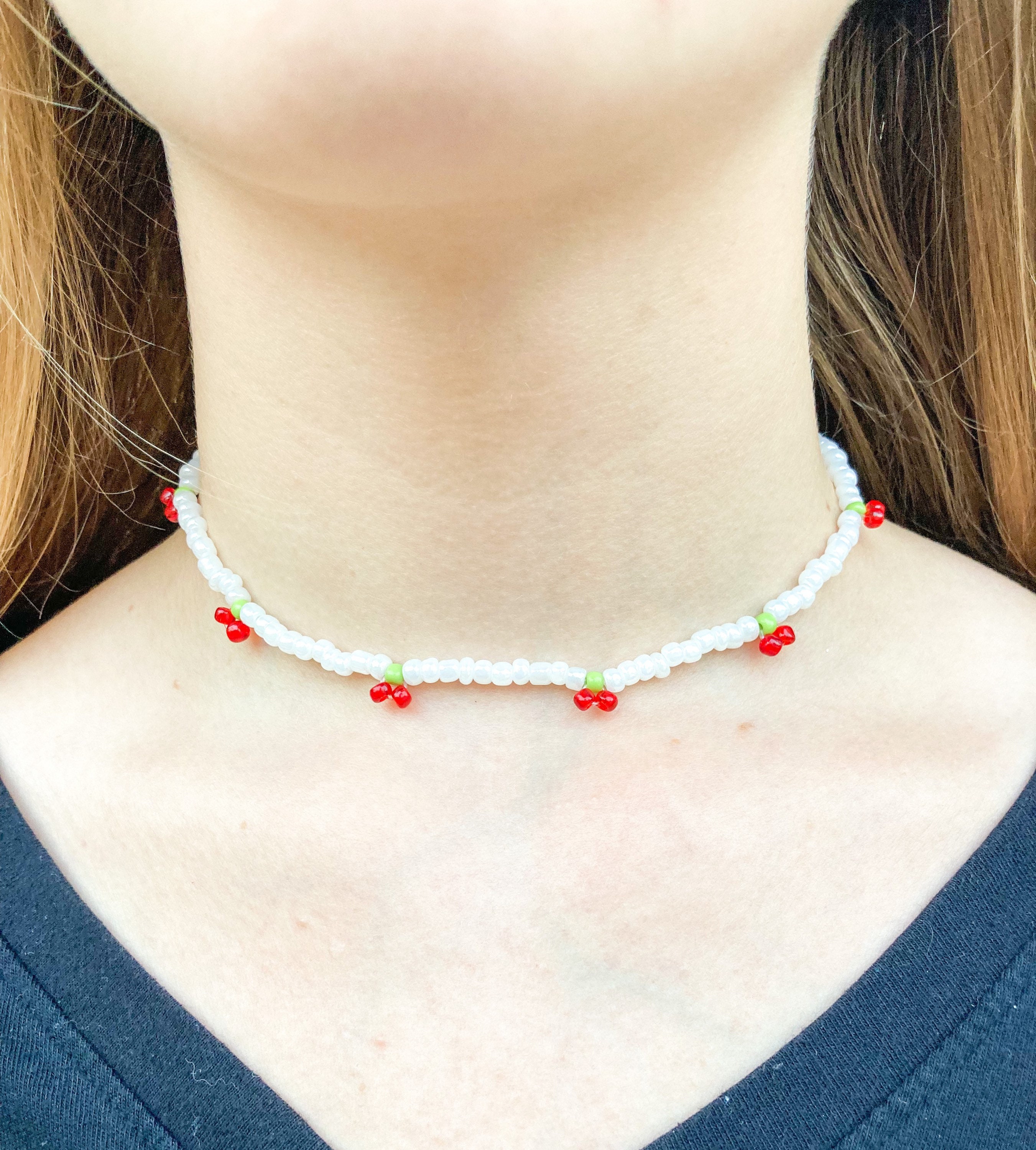 Cherry Necklace, Cherry Bracelet, Beaded Cherry Necklace, Beaded