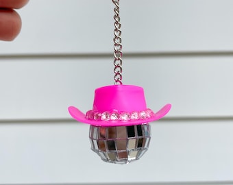 Portachiavi con palla da discoteca con strass e cowgirl/Portachiavi con palla da discoteca/Cowgirl/Portachiavi con cappello da cowgirl/Disco/Cappello da cowgirl rosa/Portachiavi con palla da discoteca rosa