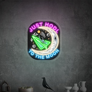 Insegna al neon Just Hold To The Moon, decorazione da parete con astronauta su aeroplano di carta, insegna al neon con stampa UV, luce al neon a LED con luna