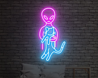 UFO cat neon sign I Cat Neon Sign Kawaii Neon | Cat & Moon Neon Light Sign Art | Bedroom Decor | Led Neon Sign | Home Wall Decor