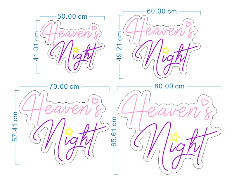 Puede incluir: Cuatro tama&ntilde;os diferentes de una pegatina de vinilo rosa y morado con el texto "Heaven's Night" en una fuente cursiva. La pegatina tiene un peque&ntilde;o coraz&oacute;n y una peque&ntilde;a estrella.