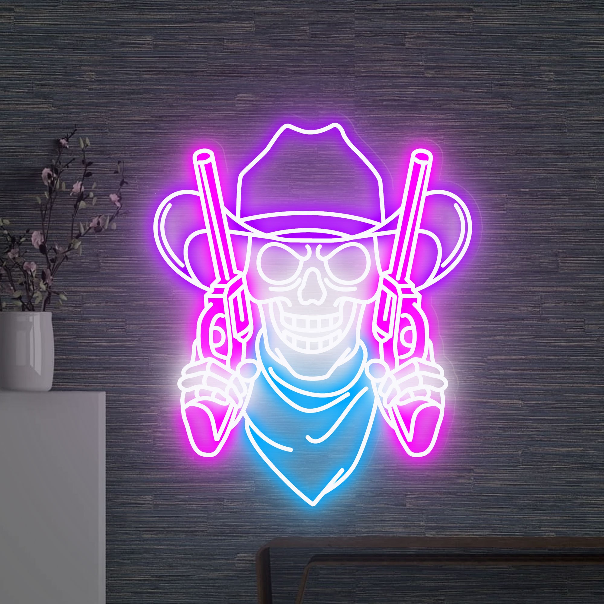 Cowboy Skull and double guns Neon Sign, Skull and Revolver Led Sign, Skull Led Signs, Custom Neon Sign, cowboy Led Lights, Wall Decor