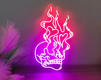 Letrero de neón con cabeza de calavera, arte personalizado hecho a mano, luz de neón de calavera de fuego, decoración de pared, regalos estéticos personalizados