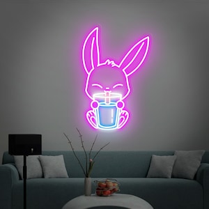 Rabbit drinking milk tea Neon Sign, LED Neon Lights, Bunny Neon Wall Decor Neon Bedroom Neon Night Light Creative Home