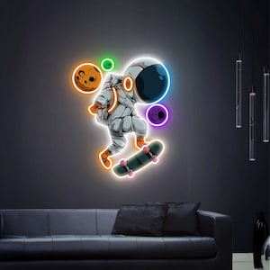 Letrero de neón de astronauta, letrero de neón de patineta, letrero de neón de astronauta jugando patineta, arte acrílico de impresión UV, decoración de pared de dormitorio, regalo para niños