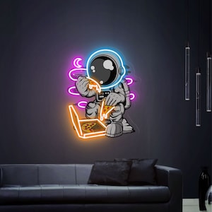 Letrero de neón de astronauta, letrero de neón de pizza, letrero de neón de astronauta comiendo pizza, arte acrílico de impresión UV, decoración de pared de dormitorio, decoración de pared de sala de estar