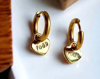 Custom Word Gold Hoop Heart Earrings | Personalised Engraved | Date Charm Earring | Dainty Engraved Coin hoops | Name Earrings | Rude Funny