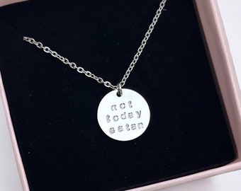Not Today Satan Gold Necklace. Gold and Silver Custom Engraved necklace. Dainty Disc Necklace Personalised. Custom Engraving Coin Pendant