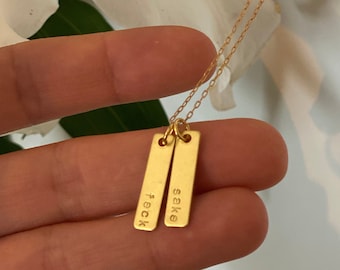 Hand Stamped &quot;Feck Sake&quot; Necklace: 16k Gold Plated Brass Bar