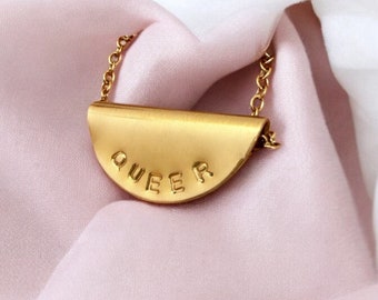 Personalized Queer Necklace: 16K Gold Plated Brass, LGBTQI Pride Jewelry