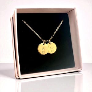 Può includere: Una collana dorata con due ciondoli circolari, ognuno inciso con una lettera e un cuore. La collana è presentata in un cofanetto regalo rosa e nero. La catena è sottile e i ciondoli lucidi. L'insieme è elegante.