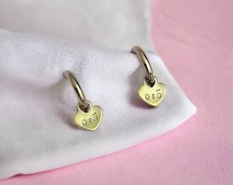Grá Love 18ct Gold Hoop Earrings | Personalised Word Engraved Heart Hoops | Dangle Drop Letters Earrings | Personalised Gift for Her