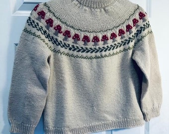 Pull en laine tricoté à la main avec motif Fair Isle de style islandais pour enfants, taille 13/14, nouveau pull en laine tricoté à la main, couleur crème/beige.