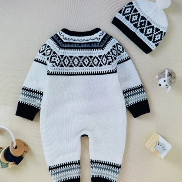 Newborn Infant Geometric Pattern Sweater Romper Long Sleeve Button Jumpsuit & Hat For Toddler Baby Boys And Girls Kids Clothes