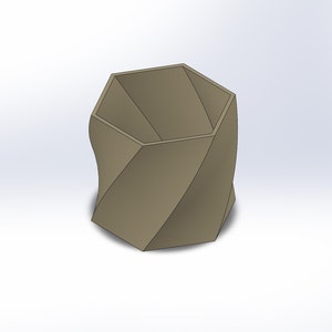 May include: A brown hexagonal planter with a twisted design. The planter is made of a smooth material and has a wide opening at the top.