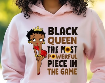 Betty Boop-hoodie, svart flickahoodie, svart drottninghoodie, kvinnors egenmakt, födelsedagspresent, Betty Boop svarta konsttryck, solroshoodie