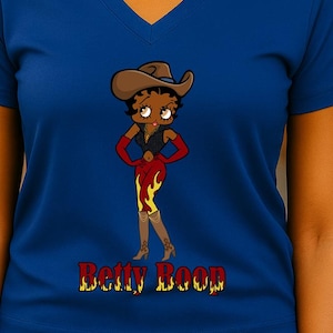 Maglietta con scollo a V da donna con personaggio dei cartoni animati retrò, Betty Boop Cowgirl, regalo di compleanno, maglietta da ragazza afroamericana della contea, regalo per lei