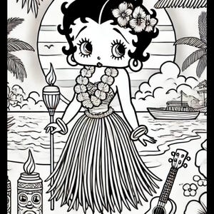 K&ouml;nnte beinhalten: Schwarz-Wei&szlig;-Illustration einer Zeichentrickfigur in einem Hula-Rock, geschm&uuml;ckt mit Blumen und einer Girlande. Die Figur h&auml;lt eine Fackel und steht an einem Strand mit einem Boot und einer Ukulele. Der Text "BENNETT BLING" und "WWW.TANYAMARIEBENNETT.COM" ist enthalten.